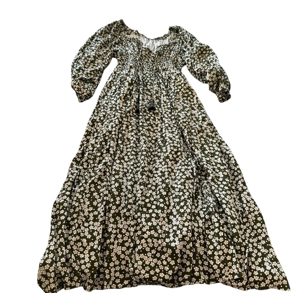 Green and Cream Smocked Maxi Sundress with Bishop Sleeves